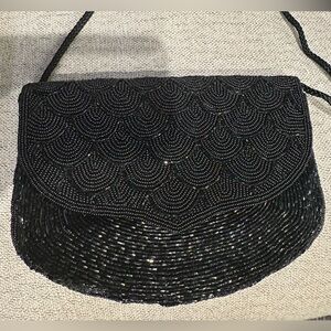ADG Vintage Look Black Beaded Clutch Shoulder Bag Evening 1920s Flapper Gatsby